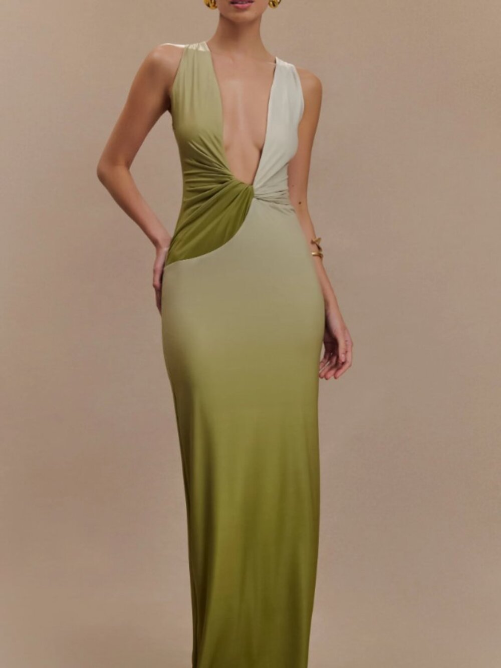 MESHKI Stella Draped Slinky Maxi Dress Olive Green Ombre Low Cut Plunge